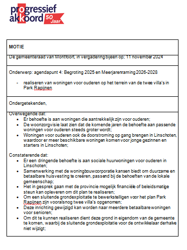 Motie senioren woningen Rapijnen